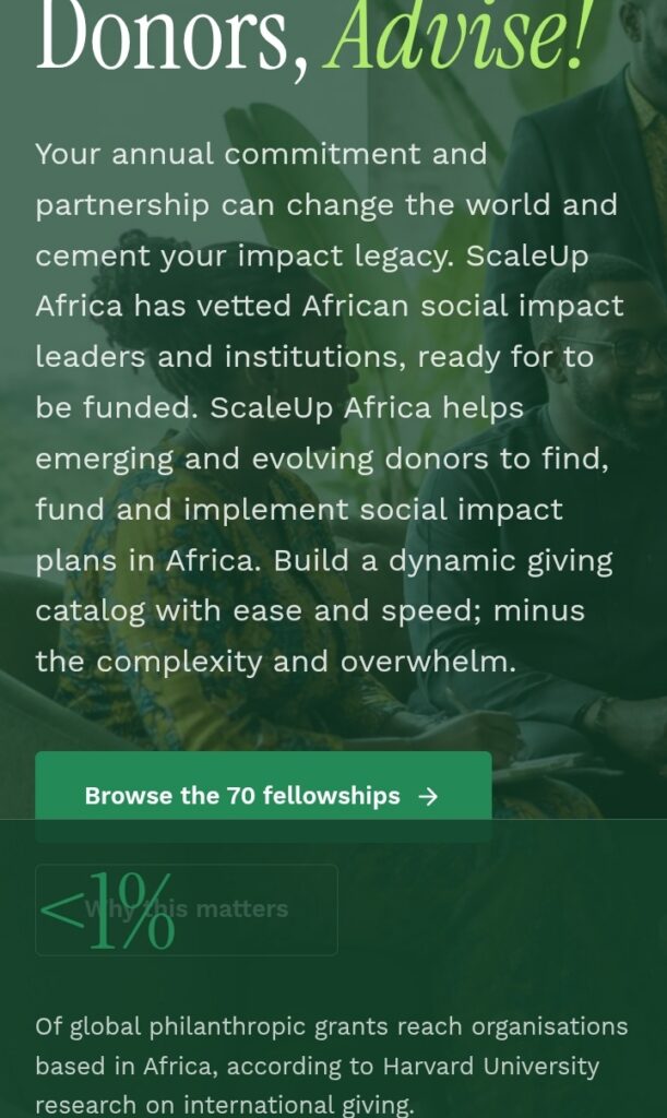 ScaleUp Africa donor hero showing fewer than 1% of global philanthropic grants reach Africa